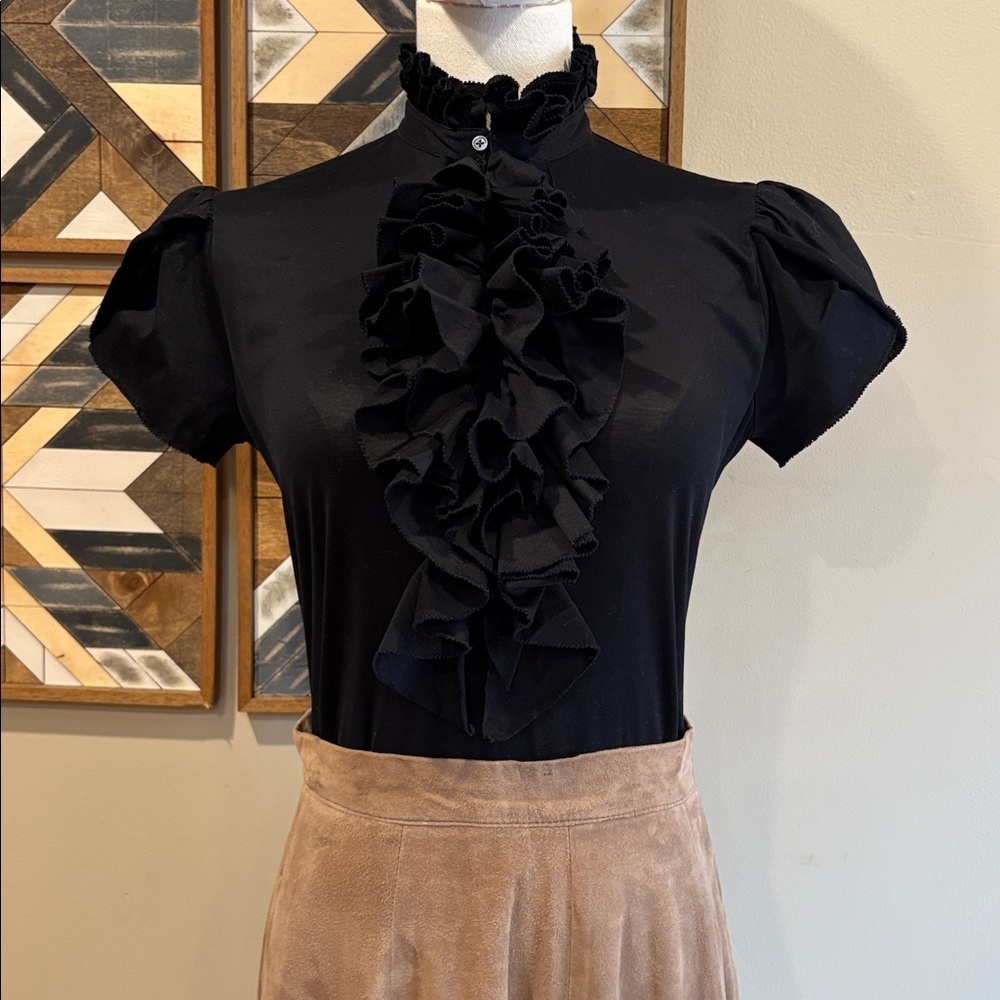 Vintage Ralph Lauren Blue Label Black Short Sleeve Ruffle Front Blouse sz Small